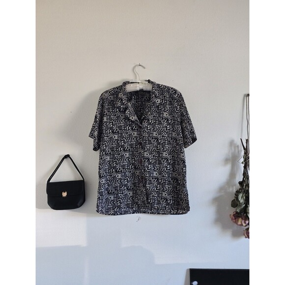Abstract Tops - Notations Vintage 90s Button Up Shirt Woman's L Black Abstract Geometric